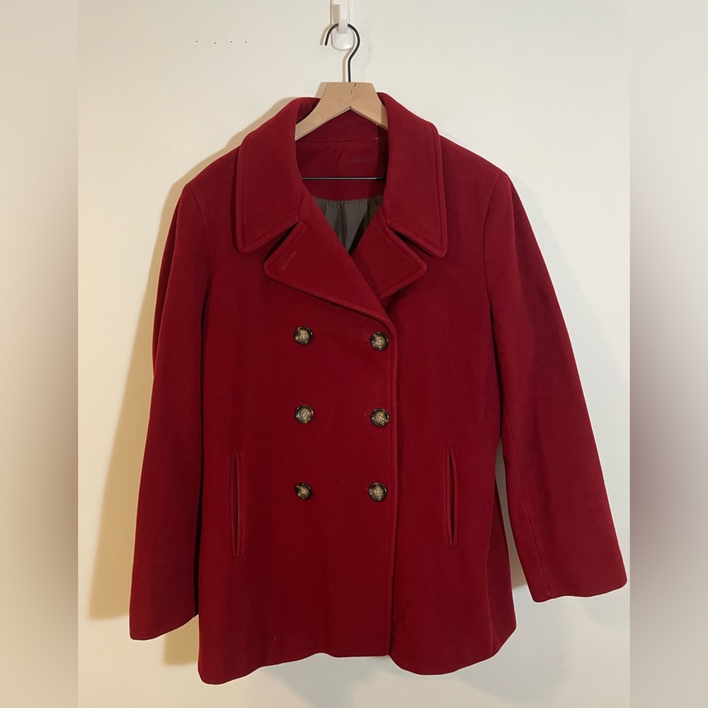 Calvin Klein Wool Nylon Cashmere Blend Red Double Breasted Pea Coat Size 18